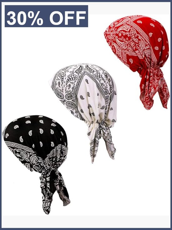 Pre-Tied Chemo Head Scarf 3 Pack Beanie Skull Cover Cap Women Cotton